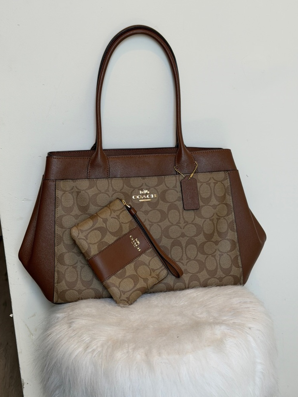 Coach Brown Signature Canvas Tote with Leather Trim and Matching Wristlet